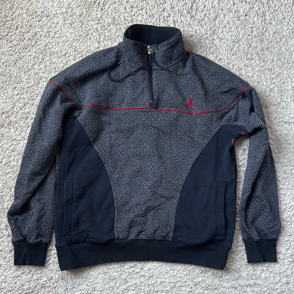 RARE Mens Jordan Black/Gray/Red Elephant Print 1/2 Zip Fleece Sweatshirt Size XL